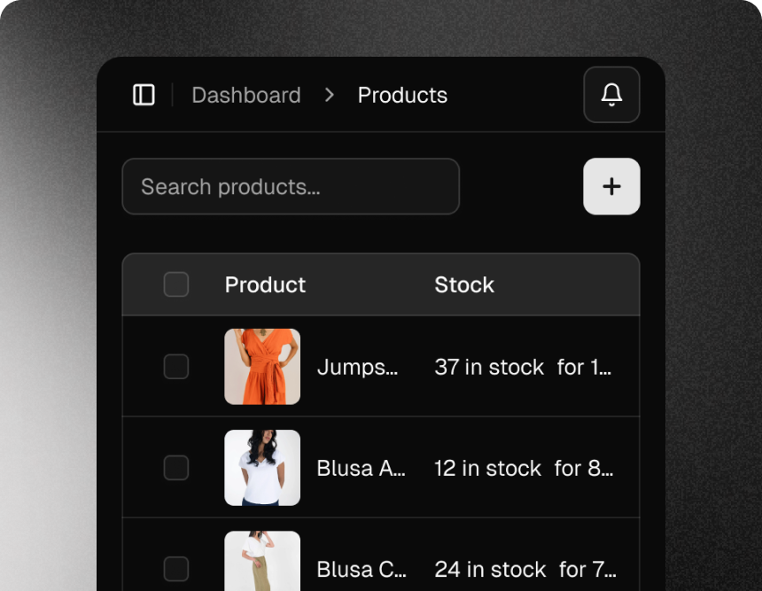 Vendyx dashboard in inventory page displaying a table showing clothing products